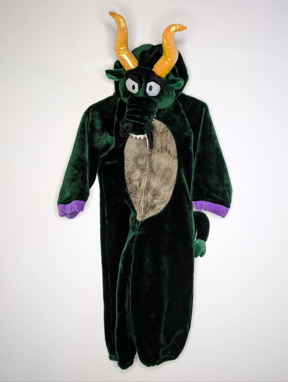 Vintage Mervyns Green Yellow Fuzzy Dragon Kids Halloween Costume 5/6Yr